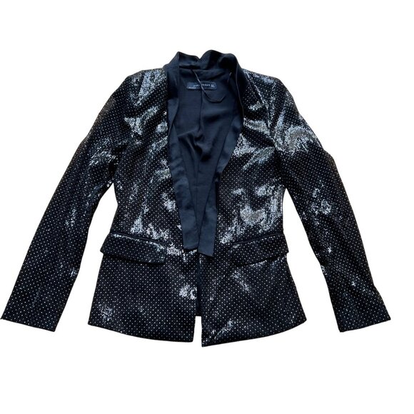 Zara Woman Size S Black Combined Polka Dot Sequin Tuxedo Collar Blazer Jacket - Picture 2 of 13